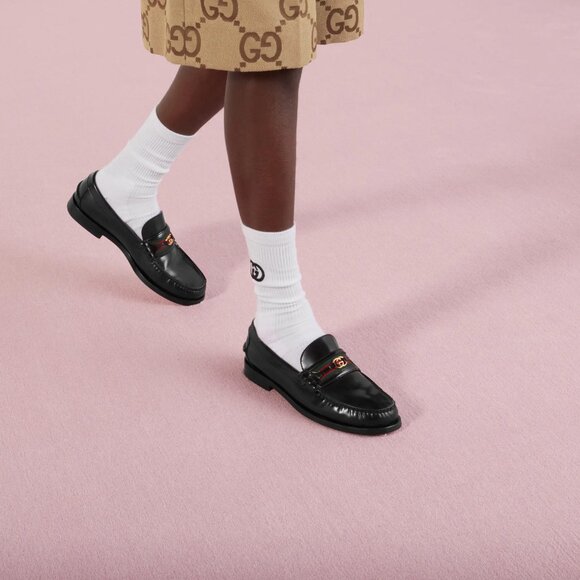 GUCCI SHOES MENS LOAFERS WEB BIT-STRAP G LOGO BLACK LEATHER sz 12.5 US 13 - Picture 2 of 15